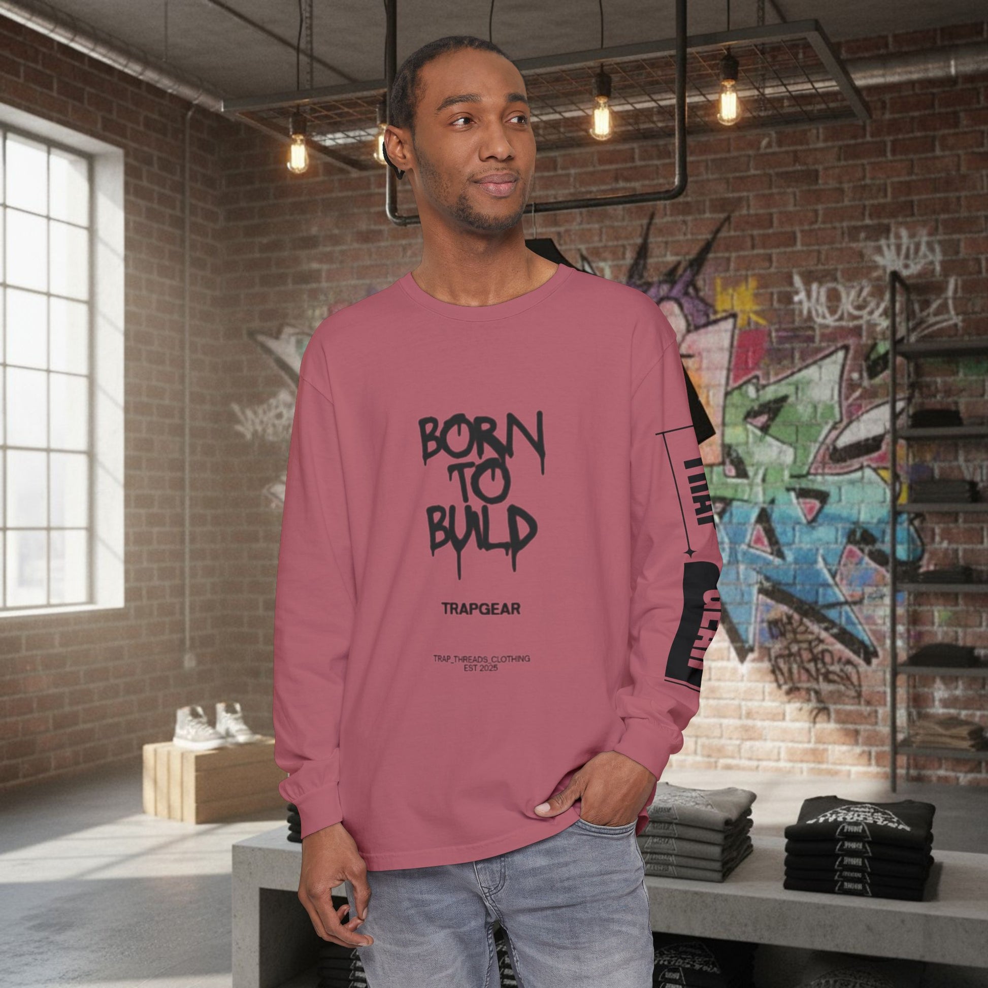 Long Sleeve T-Shirt - Born to Build Bear Mentality Back Graphic by Printify