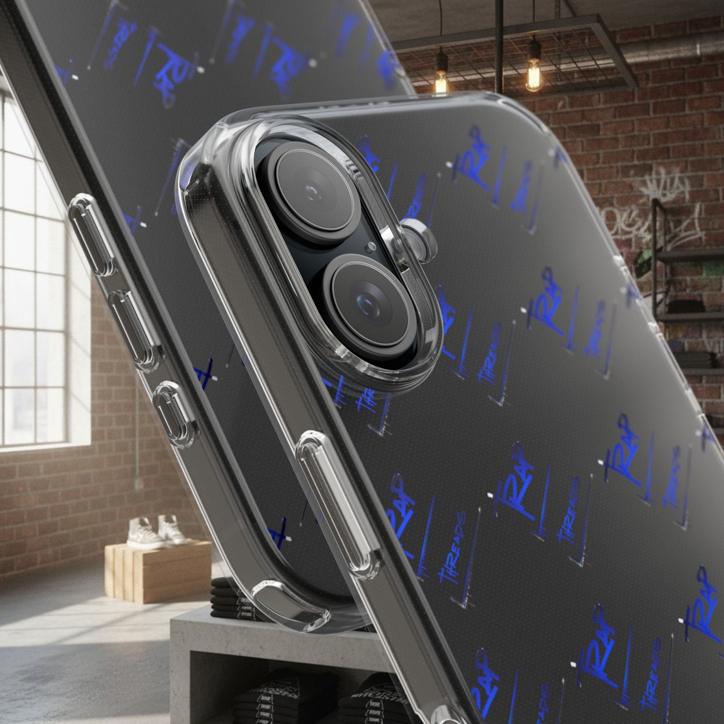 Clear Impact-Resistant Phone Case — Blue Geometric Shield Pattern