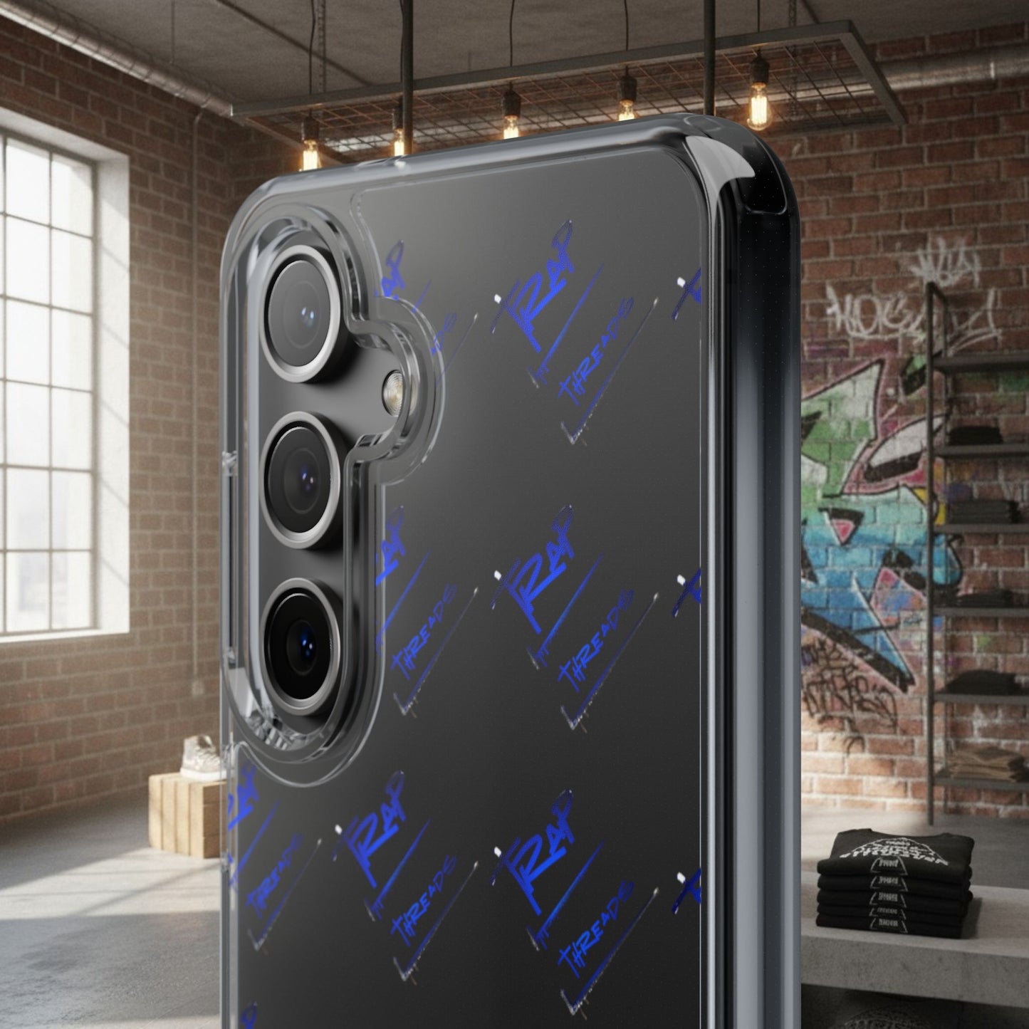 Clear Impact-Resistant Phone Case — Blue Geometric Shield Pattern