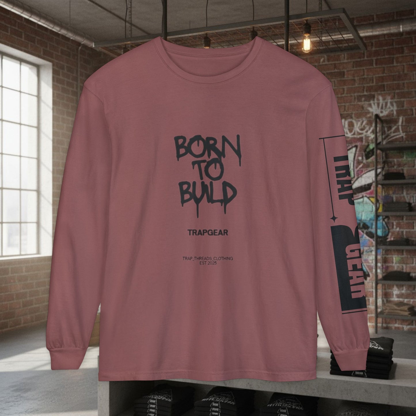 Long Sleeve T-Shirt - Born to Build Bear Mentality Back Graphic by Printify
