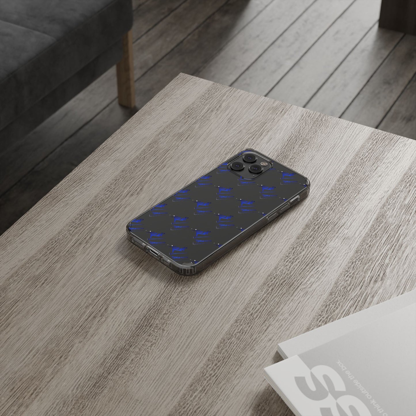 Clear Impact-Resistant Phone Case — Blue Geometric Shield Pattern