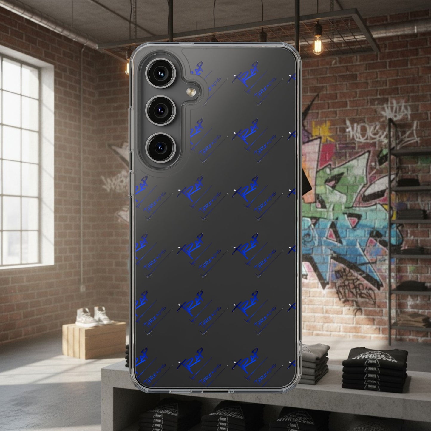 Clear Impact-Resistant Phone Case — Blue Geometric Shield Pattern