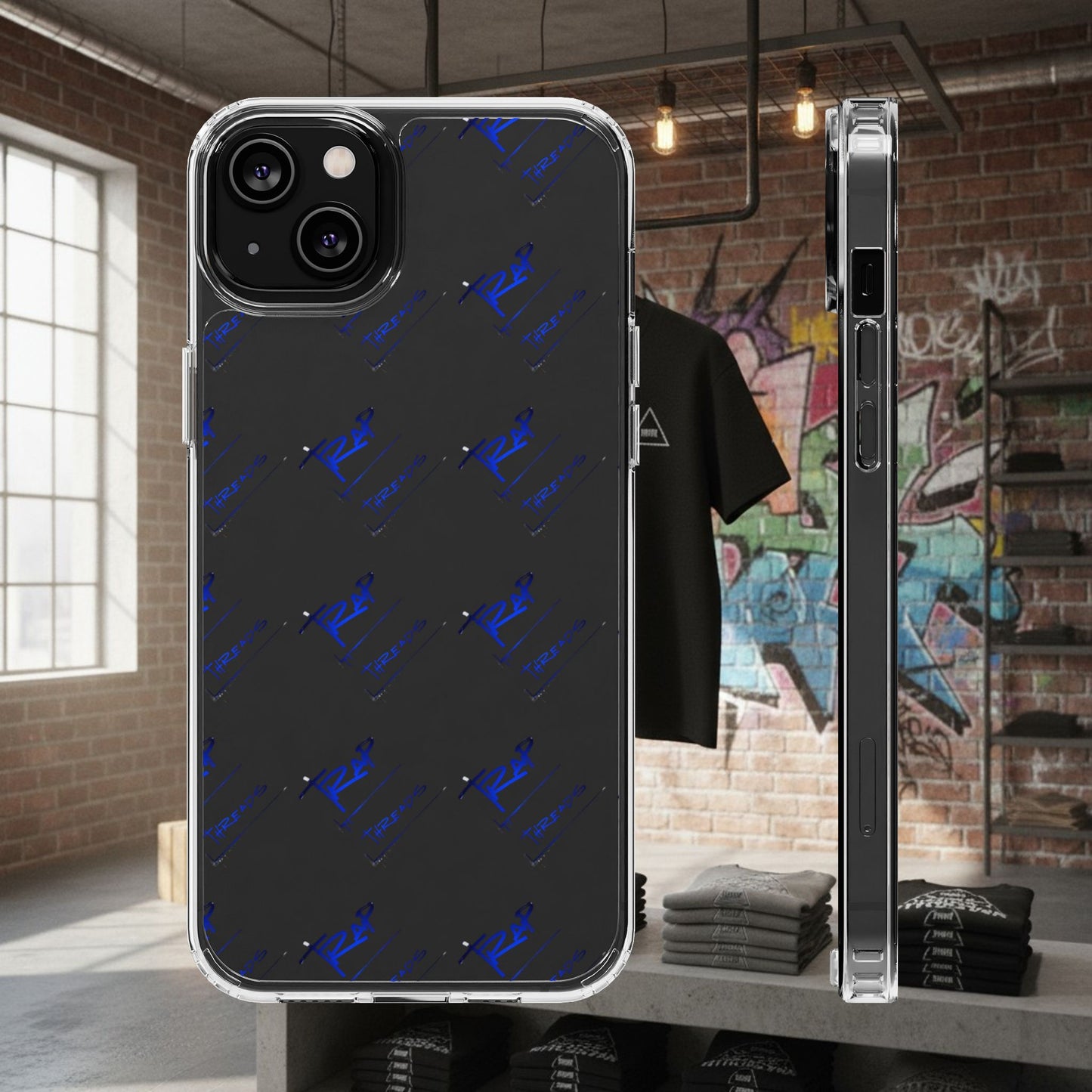 Clear Impact-Resistant Phone Case — Blue Geometric Shield Pattern