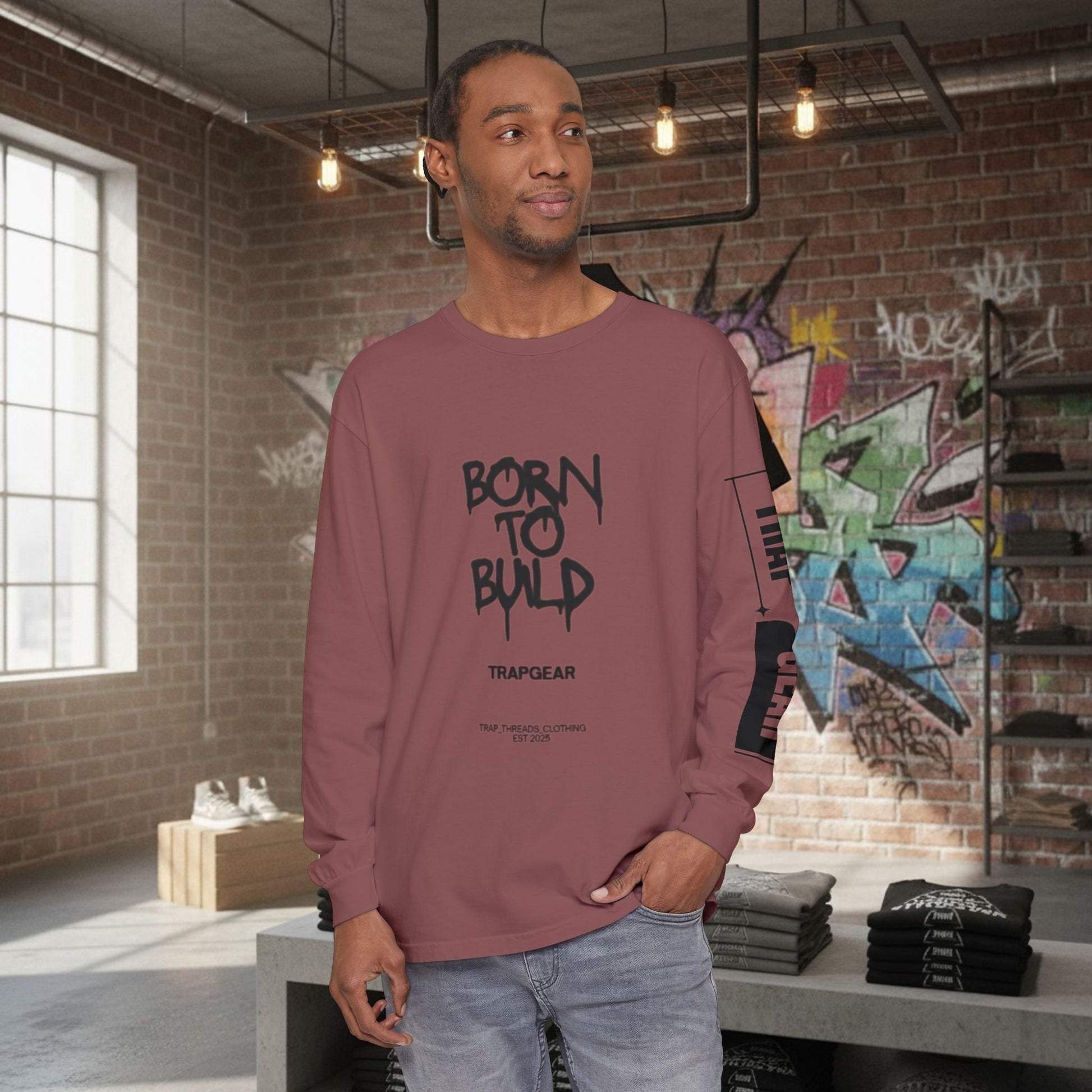 Long Sleeve T-Shirt - Born to Build Bear Mentality Back Graphic by Printify