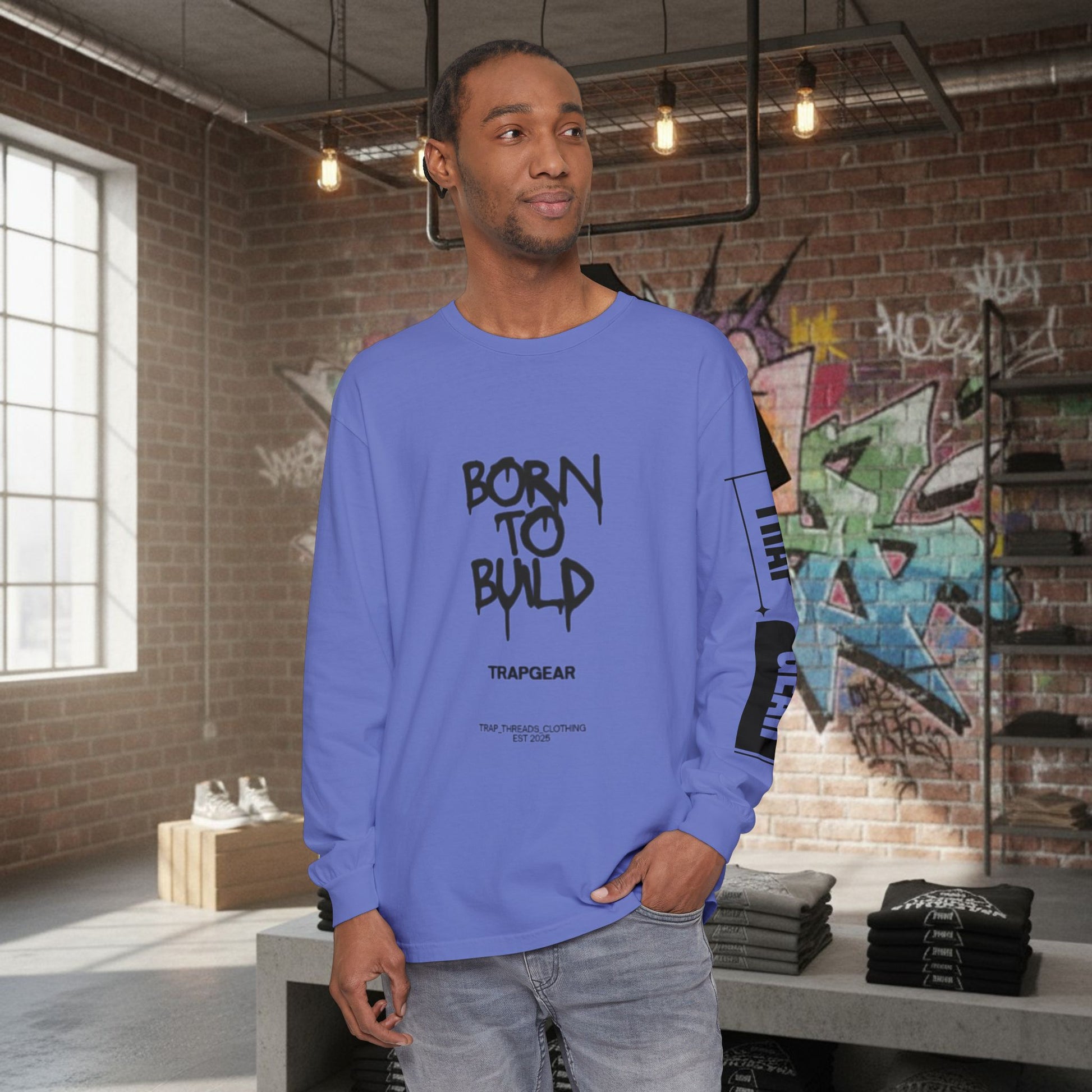 Long Sleeve T-Shirt - Born to Build Bear Mentality Back Graphic by Printify