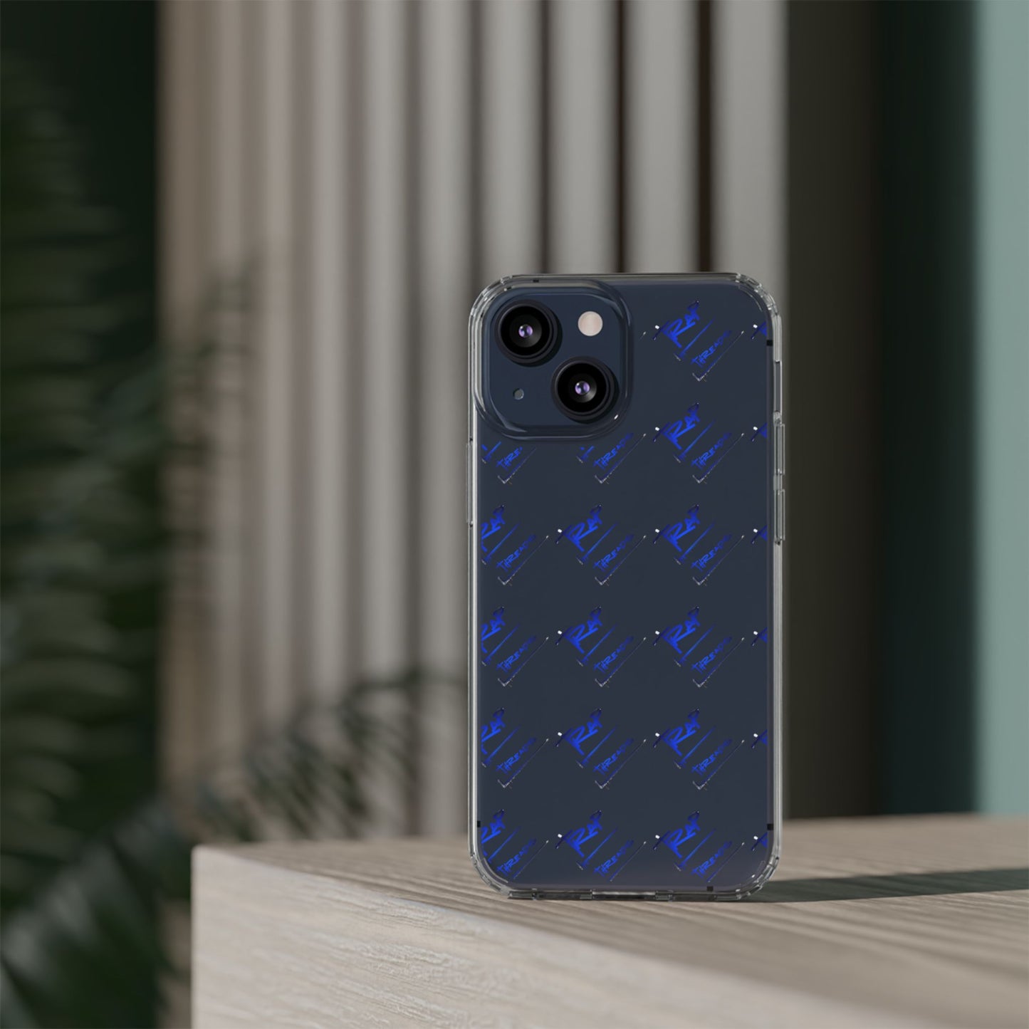 Clear Impact-Resistant Phone Case — Blue Geometric Shield Pattern