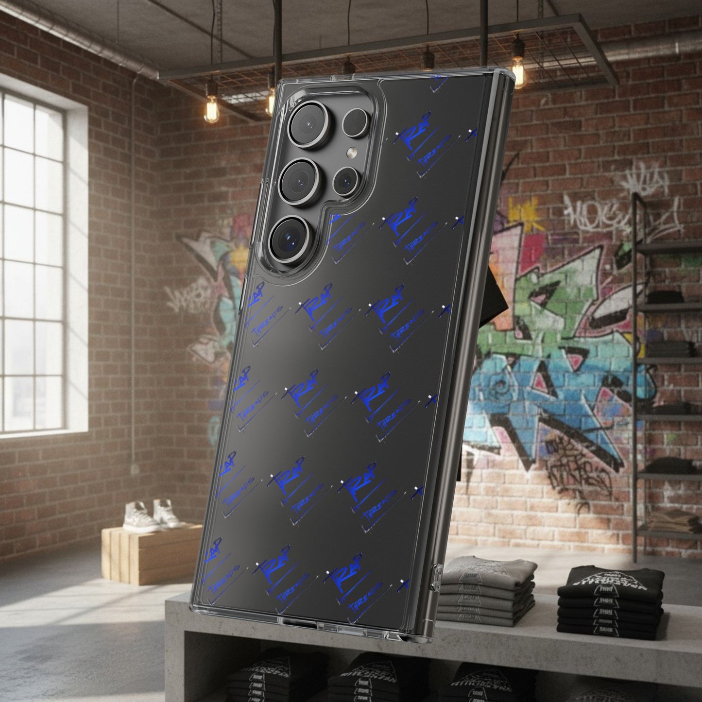 Clear Impact-Resistant Phone Case — Blue Geometric Shield Pattern