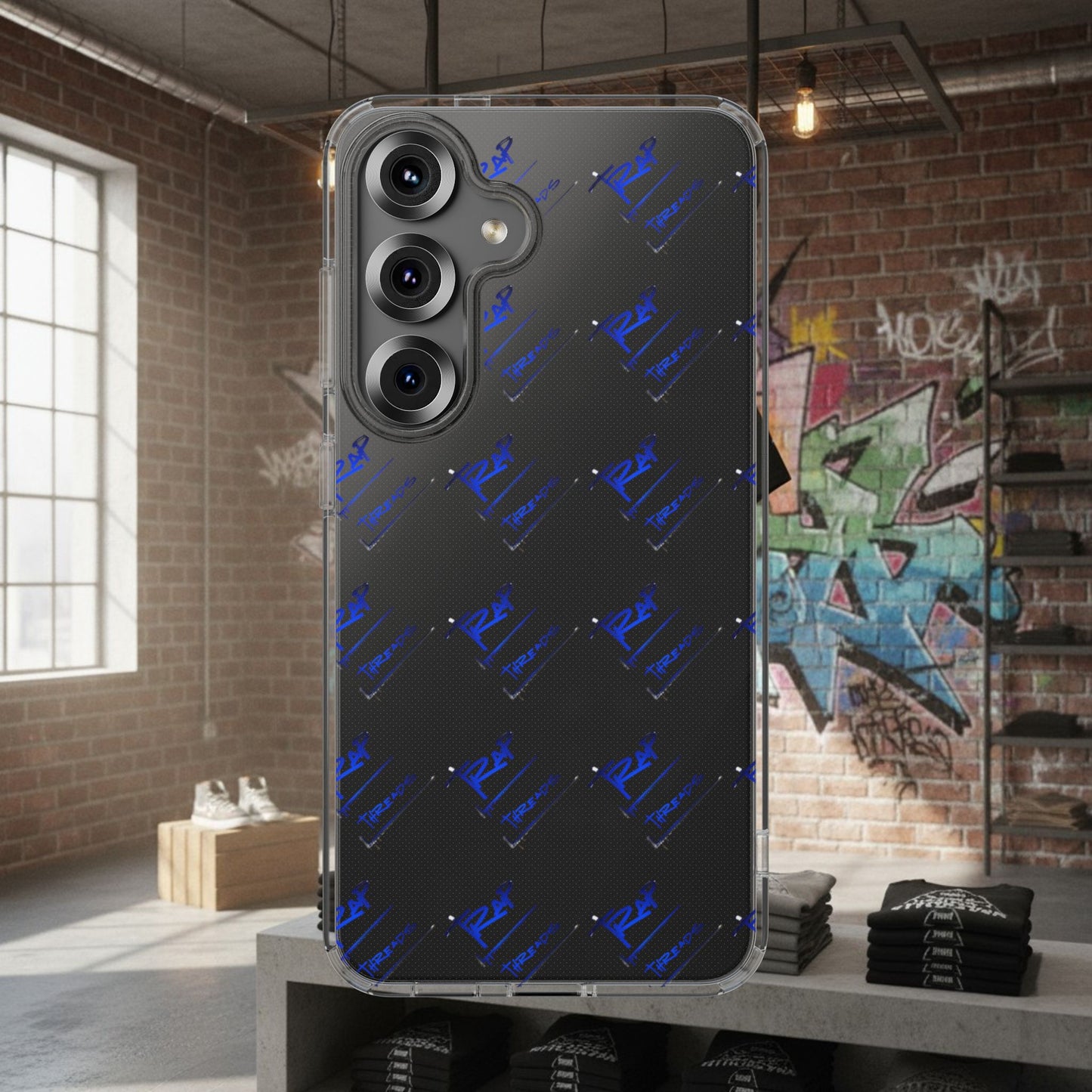 Clear Impact-Resistant Phone Case — Blue Geometric Shield Pattern