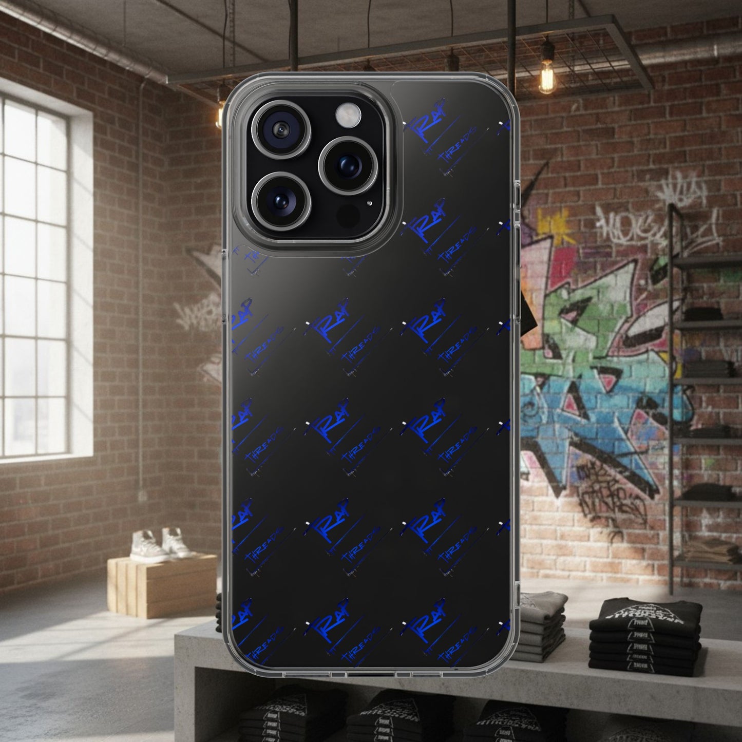 Clear Impact-Resistant Phone Case — Blue Geometric Shield Pattern