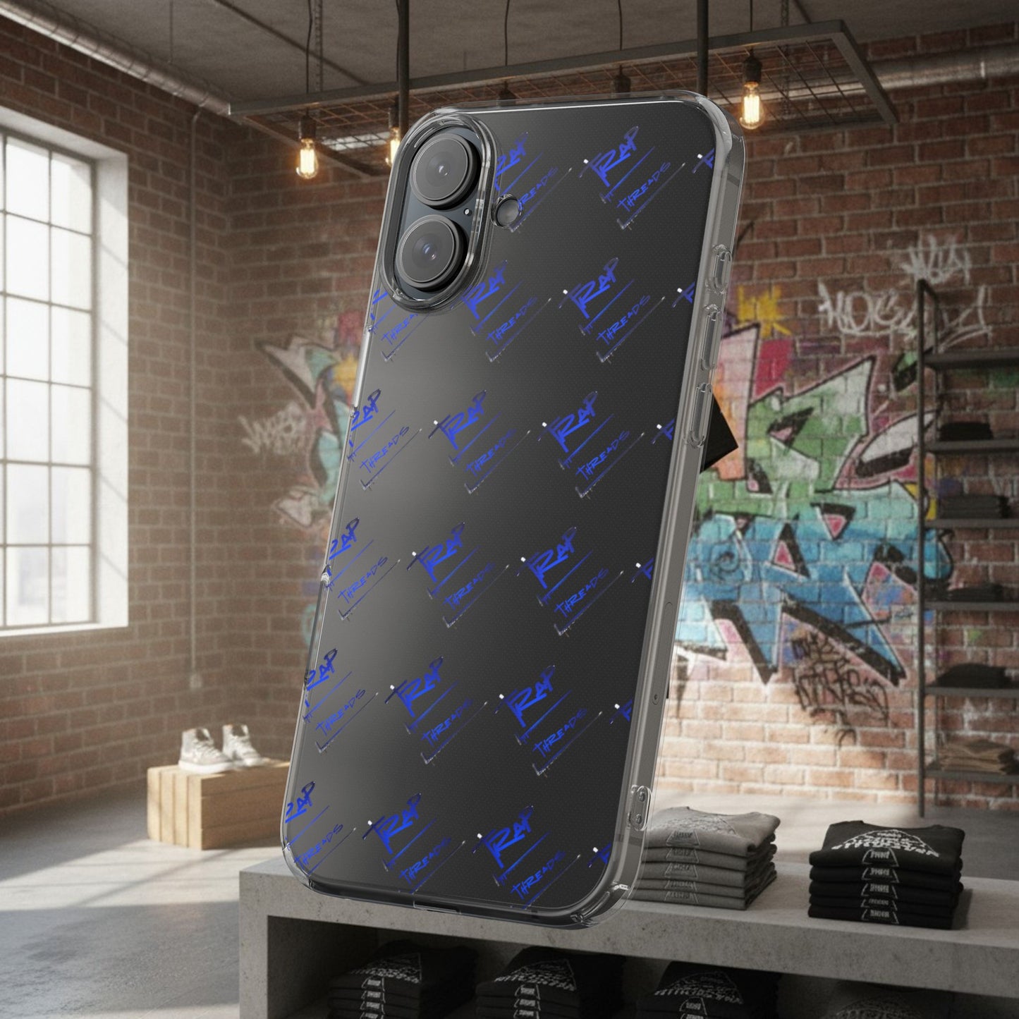 Clear Impact-Resistant Phone Case — Blue Geometric Shield Pattern