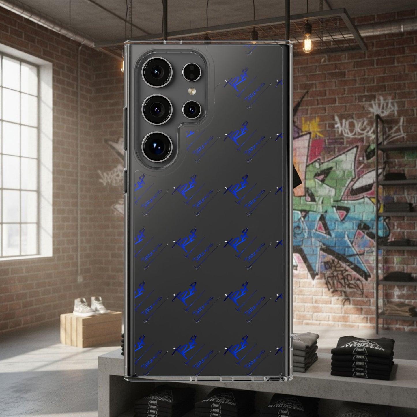 Clear Impact-Resistant Phone Case — Blue Geometric Shield Pattern