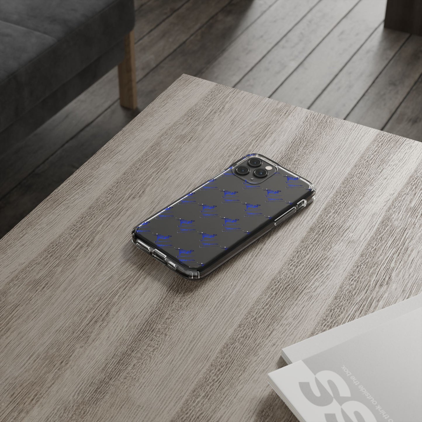 Clear Impact-Resistant Phone Case — Blue Geometric Shield Pattern