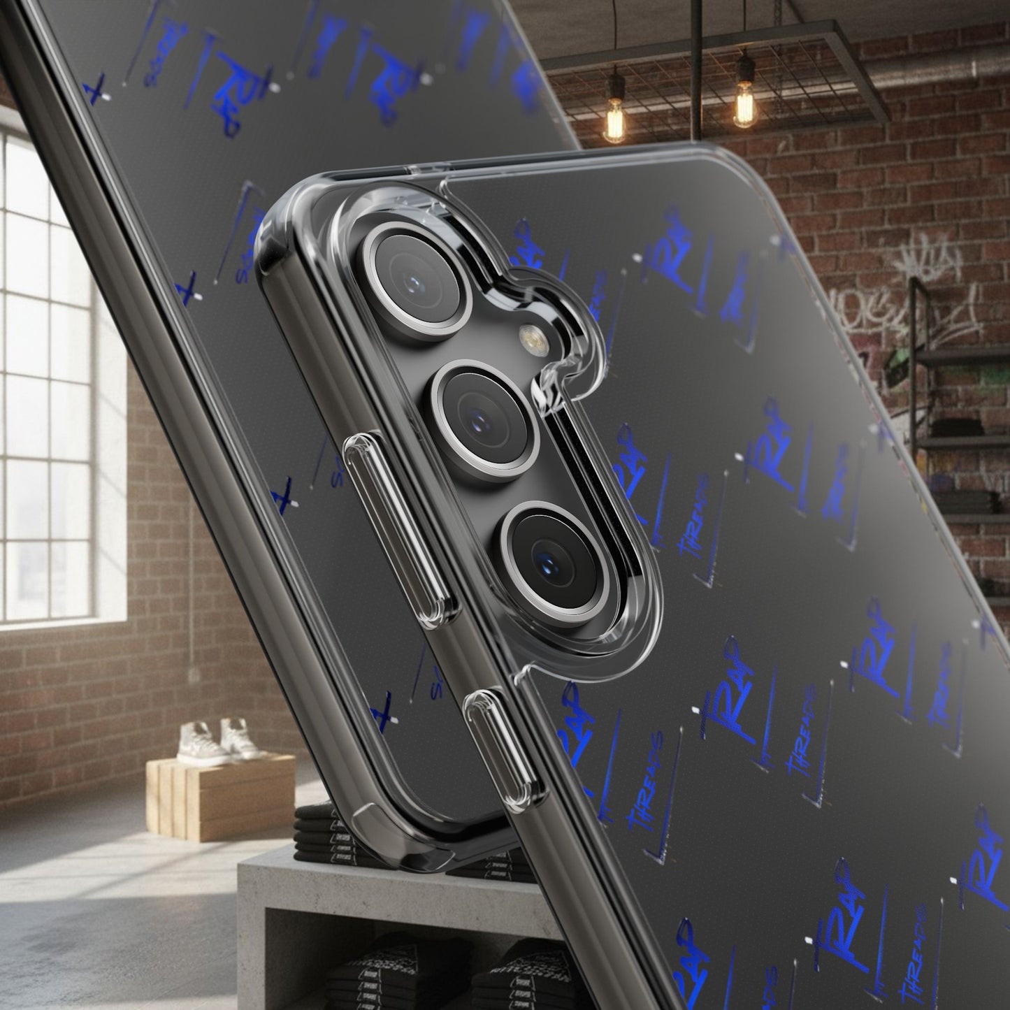 Clear Impact-Resistant Phone Case — Blue Geometric Shield Pattern