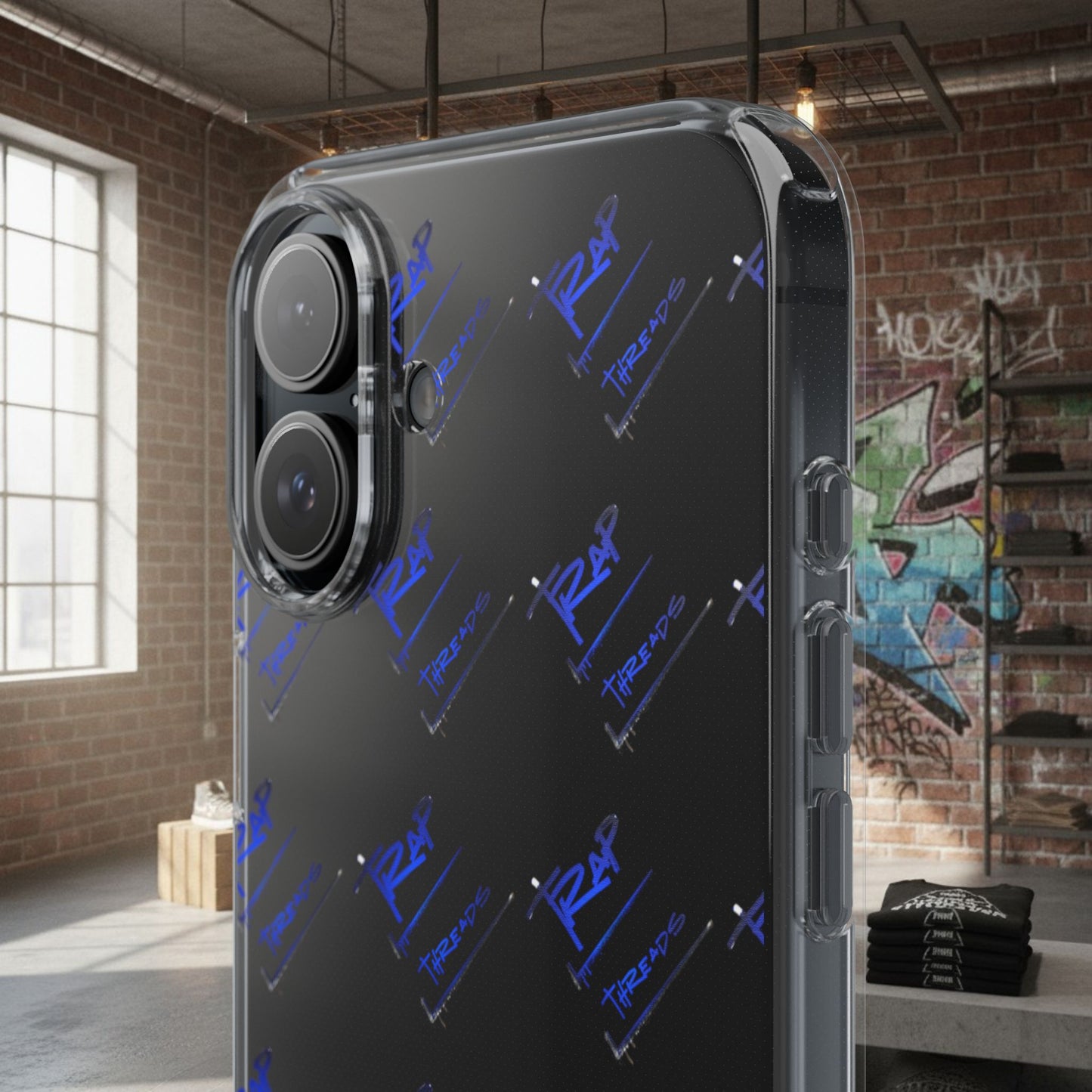 Clear Impact-Resistant Phone Case — Blue Geometric Shield Pattern