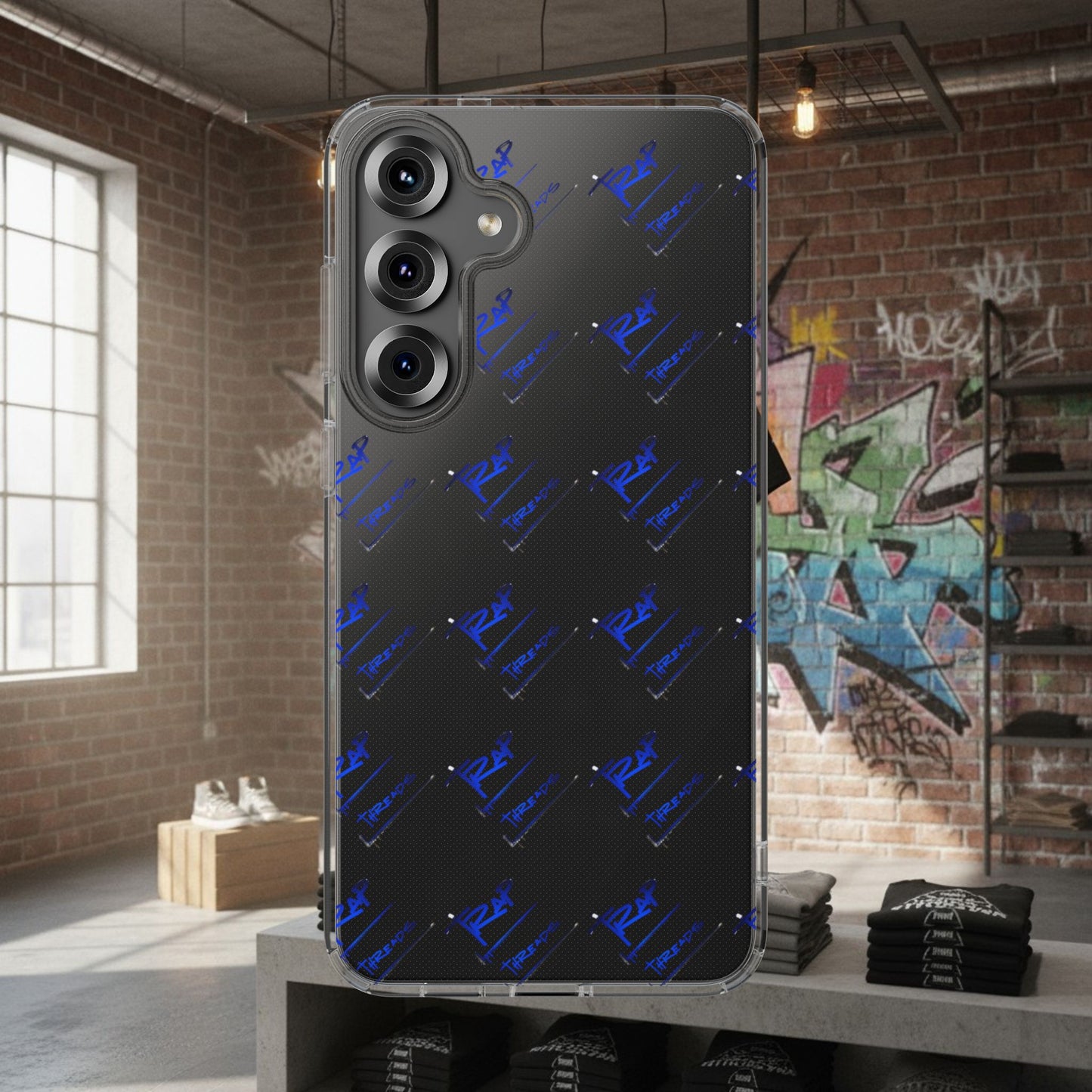 Clear Impact-Resistant Phone Case — Blue Geometric Shield Pattern