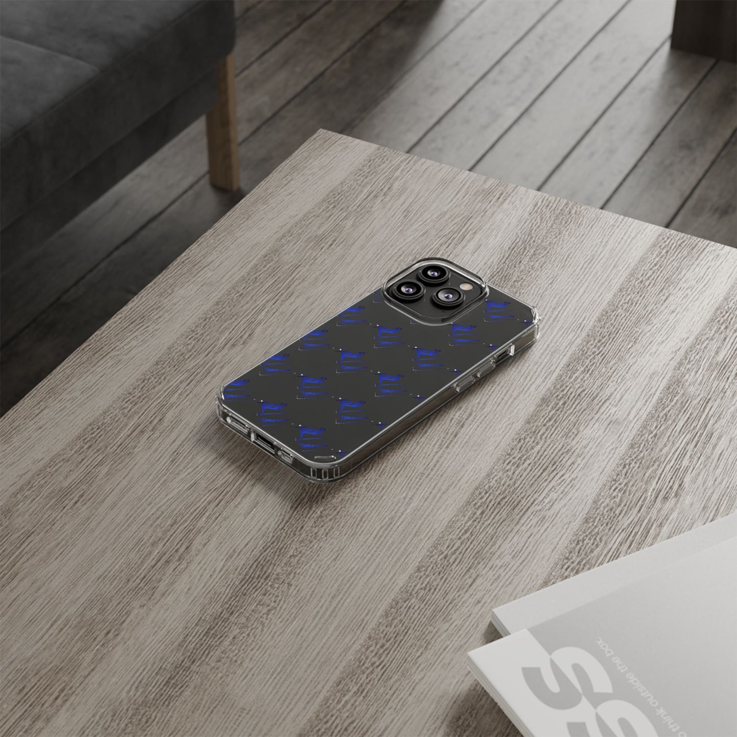 Clear Impact-Resistant Phone Case — Blue Geometric Shield Pattern