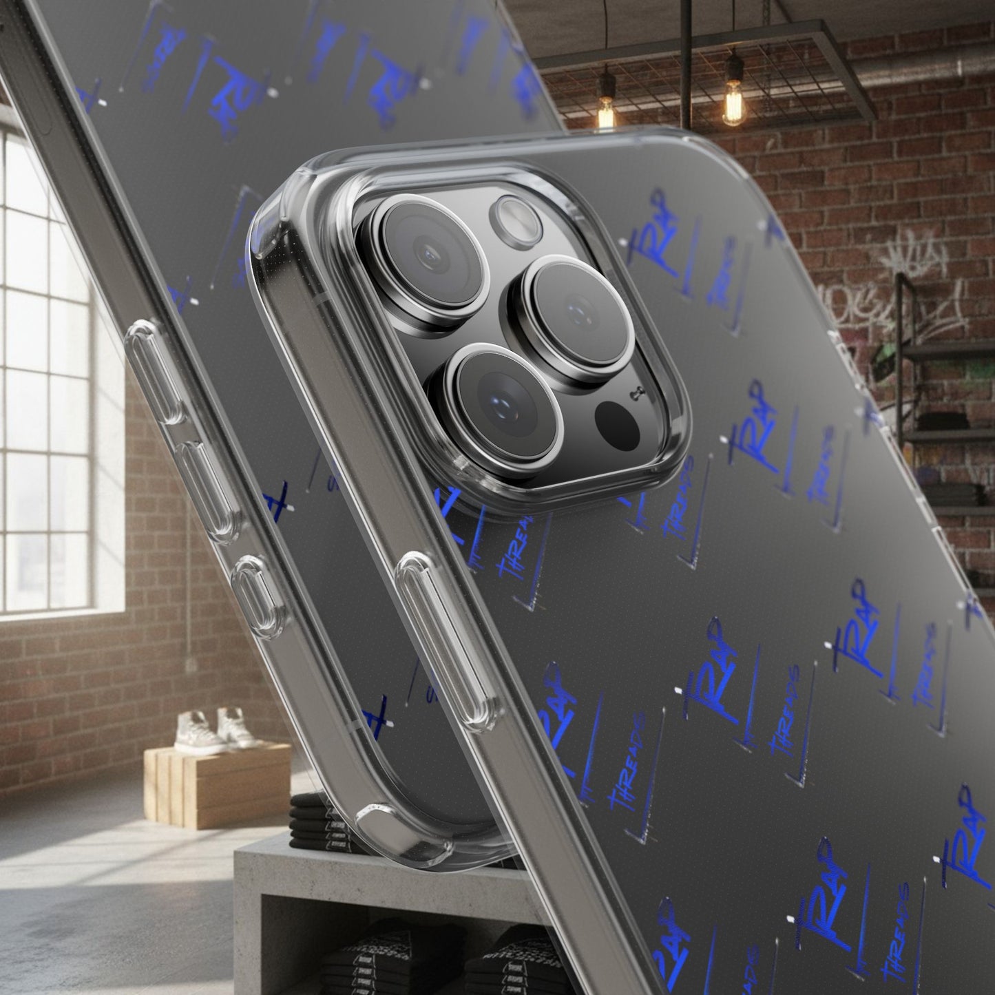 Clear Impact-Resistant Phone Case — Blue Geometric Shield Pattern