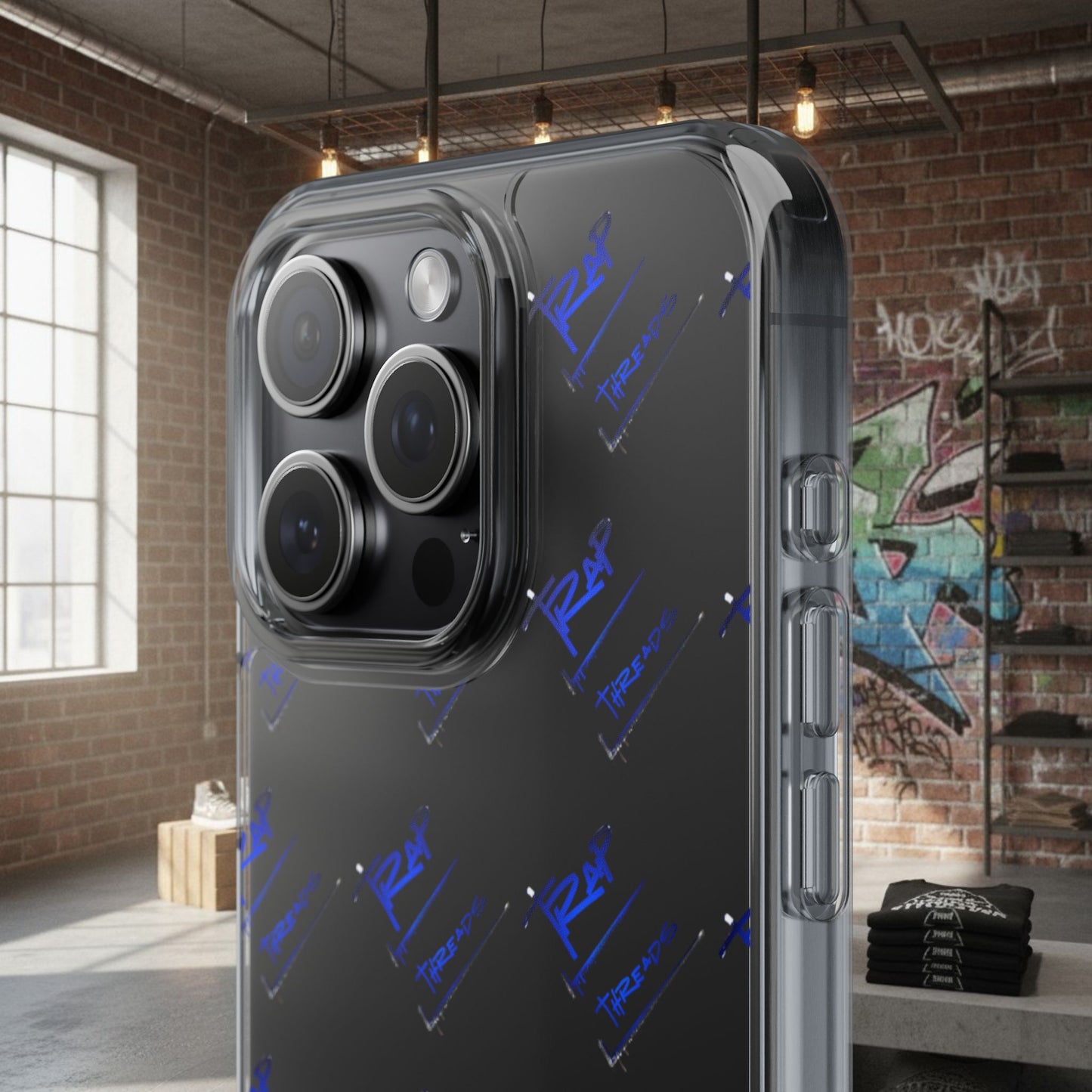 Clear Impact-Resistant Phone Case — Blue Geometric Shield Pattern