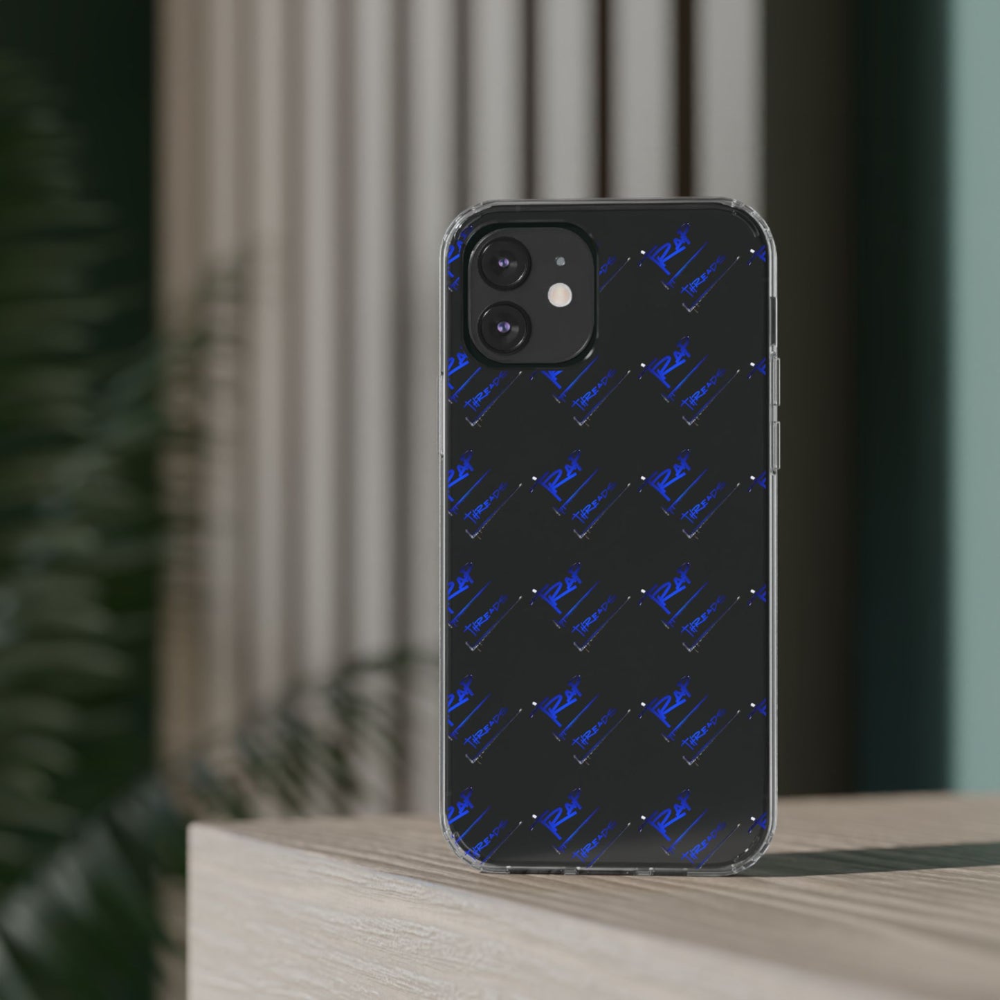 Clear Impact-Resistant Phone Case — Blue Geometric Shield Pattern