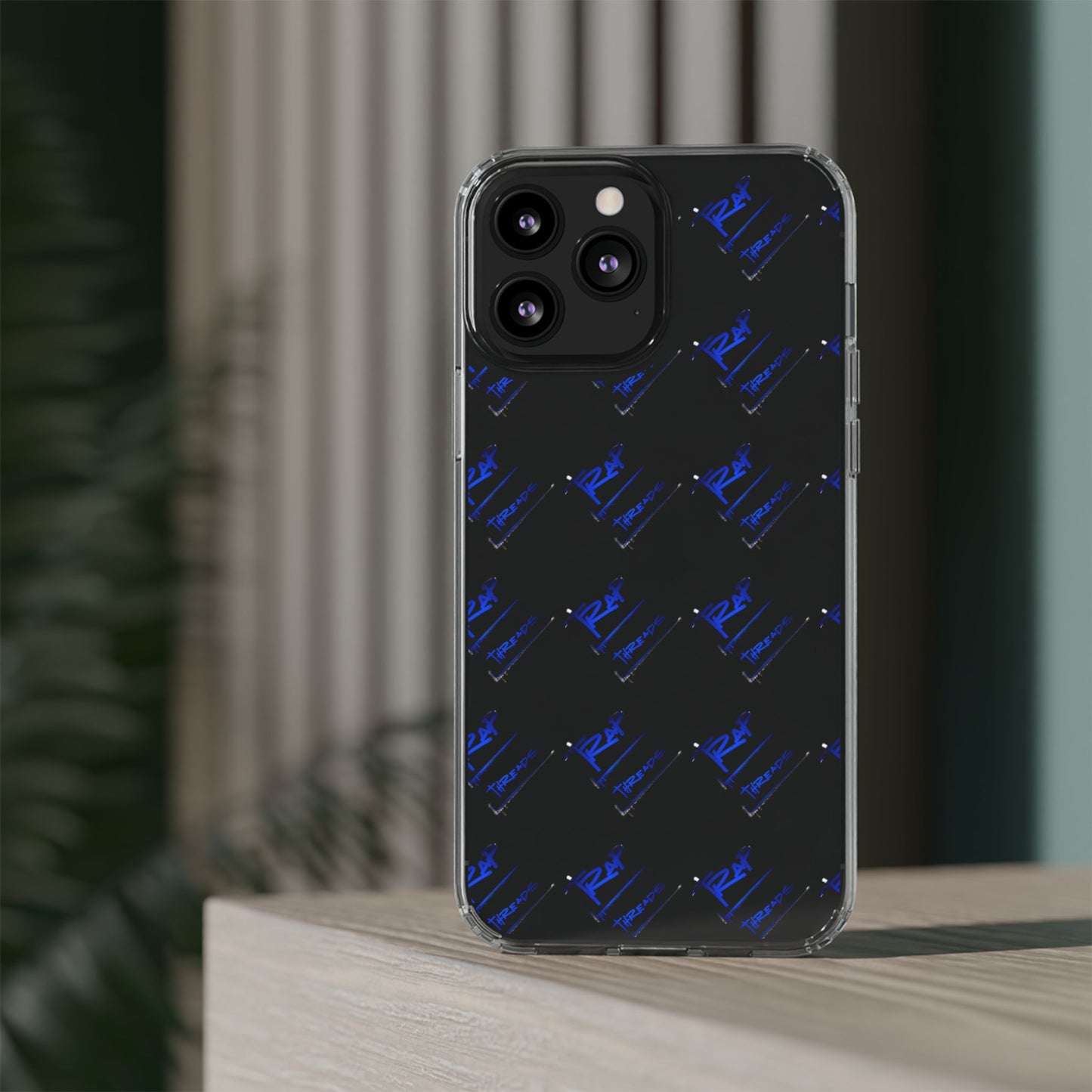 Clear Impact-Resistant Phone Case — Blue Geometric Shield Pattern