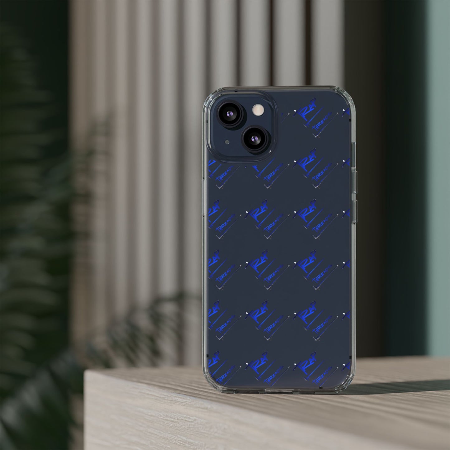 Clear Impact-Resistant Phone Case — Blue Geometric Shield Pattern