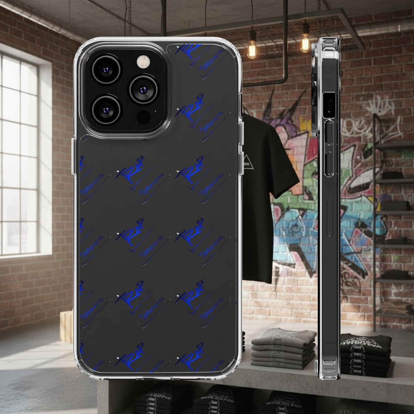 Clear Impact-Resistant Phone Case — Blue Geometric Shield Pattern