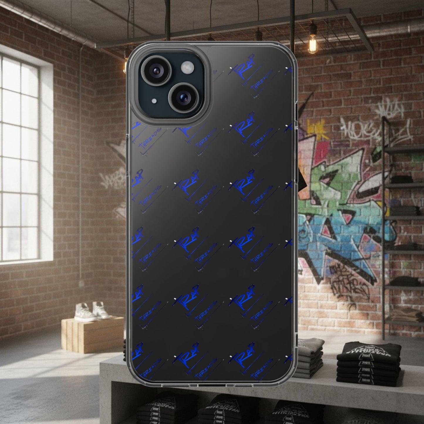 Clear Impact-Resistant Phone Case — Blue Geometric Shield Pattern