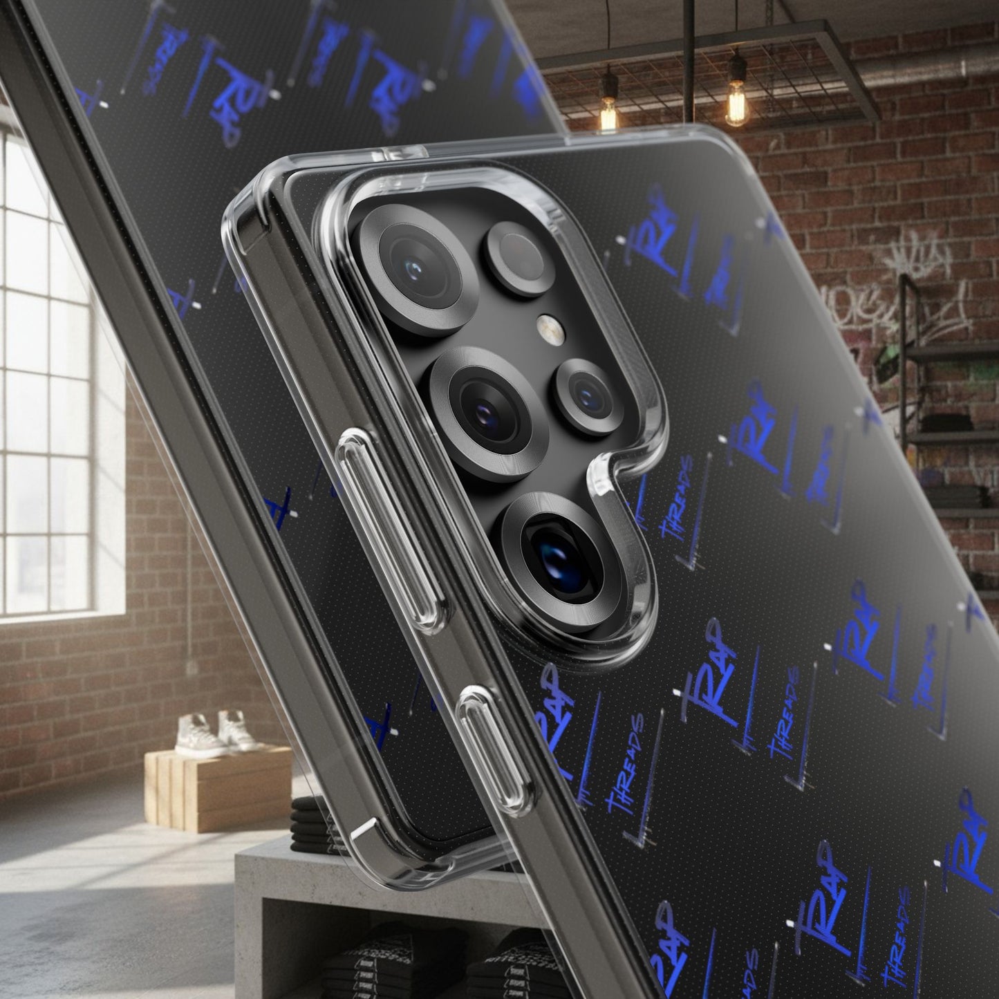 Clear Impact-Resistant Phone Case — Blue Geometric Shield Pattern