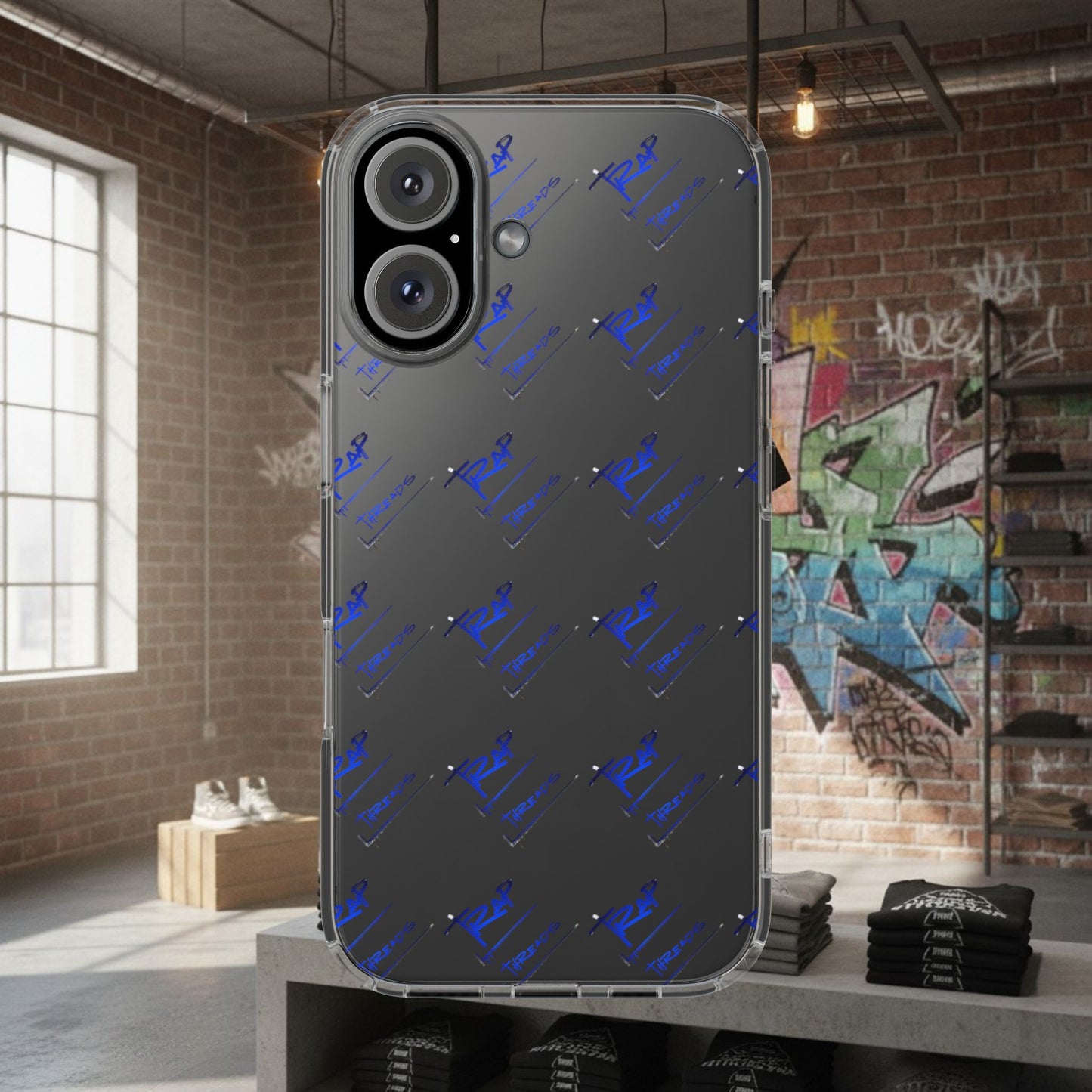 Clear Impact-Resistant Phone Case — Blue Geometric Shield Pattern