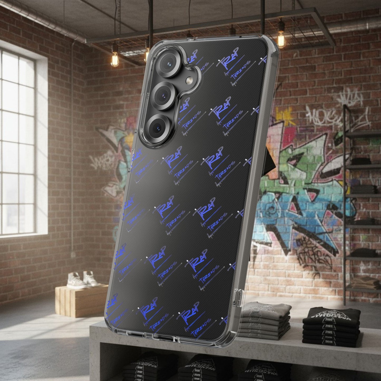 Clear Impact-Resistant Phone Case — Blue Geometric Shield Pattern