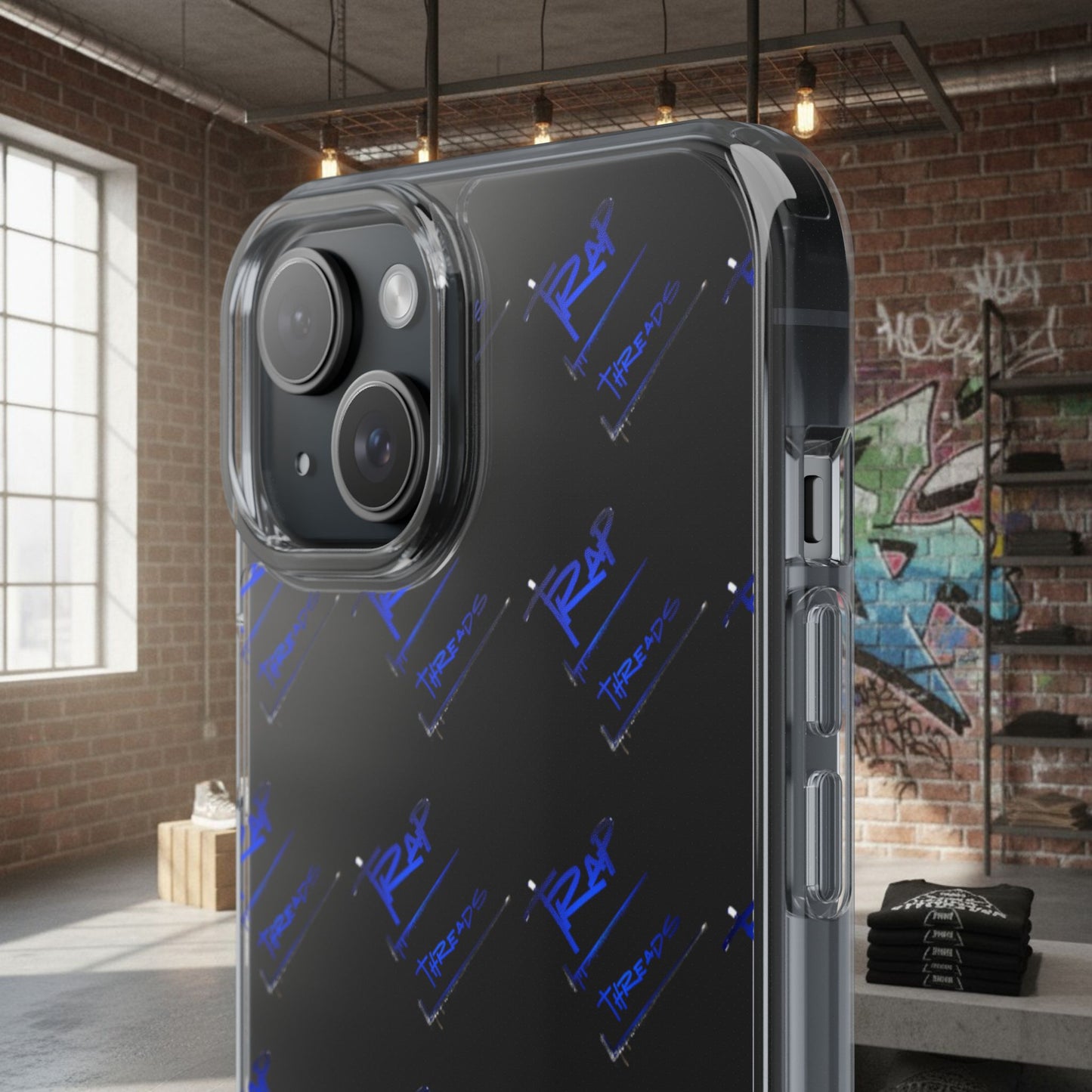 Clear Impact-Resistant Phone Case — Blue Geometric Shield Pattern