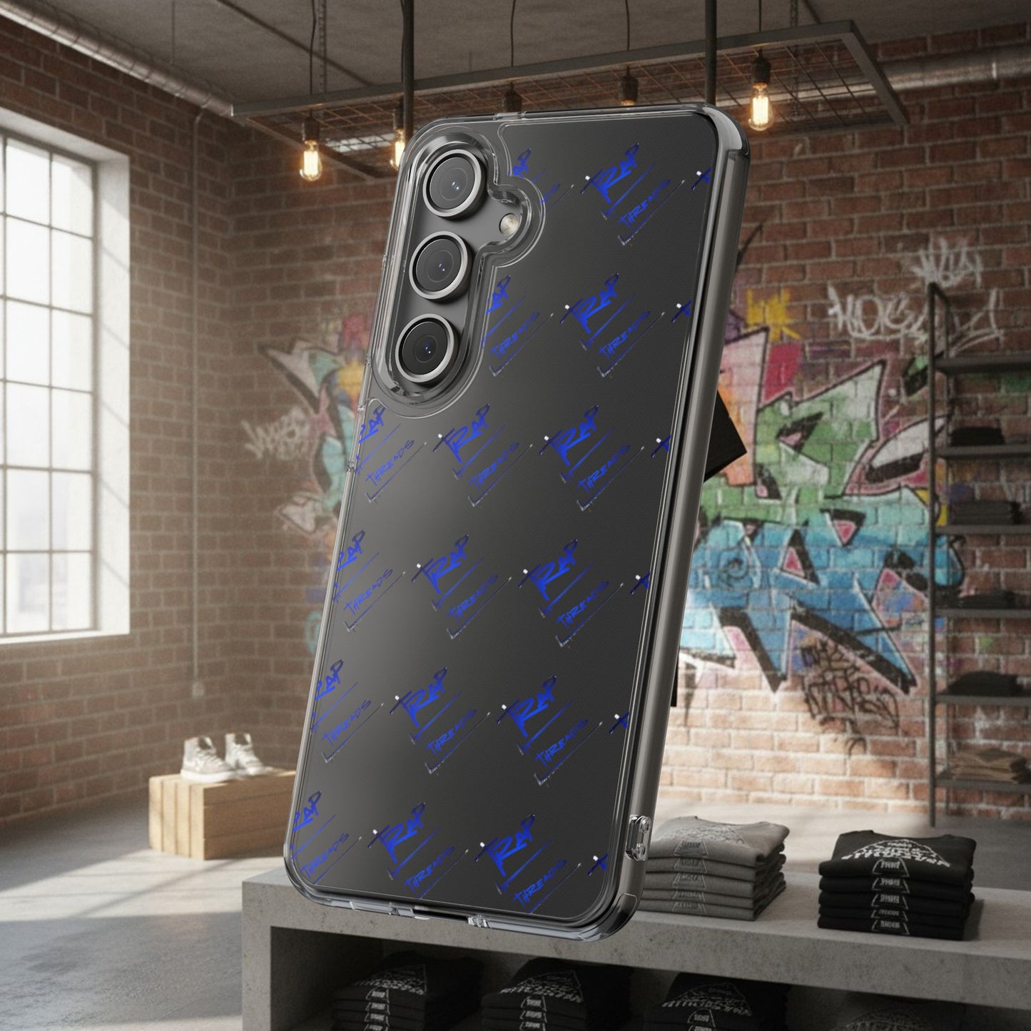 Clear Impact-Resistant Phone Case — Blue Geometric Shield Pattern