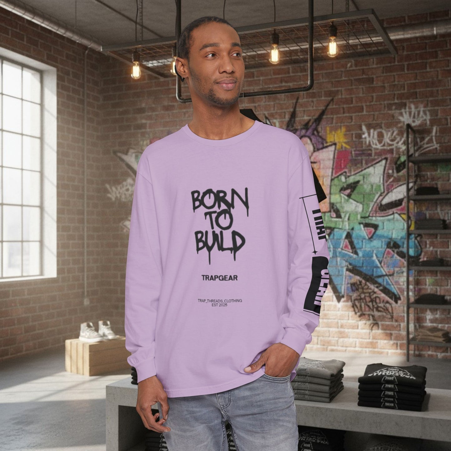 Long Sleeve T-Shirt - Born to Build Bear Mentality Back Graphic by Printify