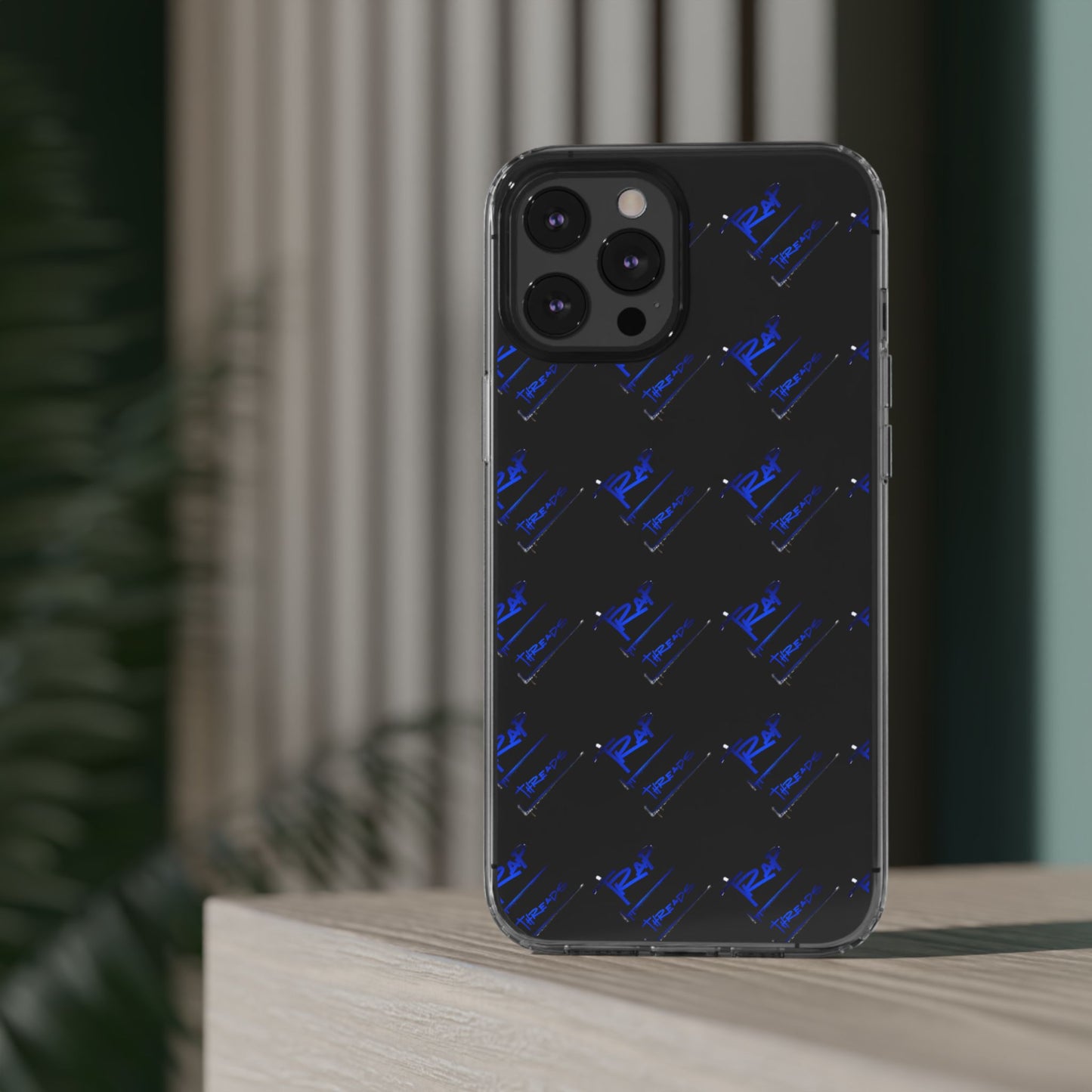 Clear Impact-Resistant Phone Case — Blue Geometric Shield Pattern