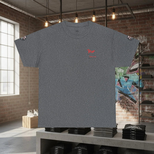Gray t-shirt with a red logo on a table in an urban setting