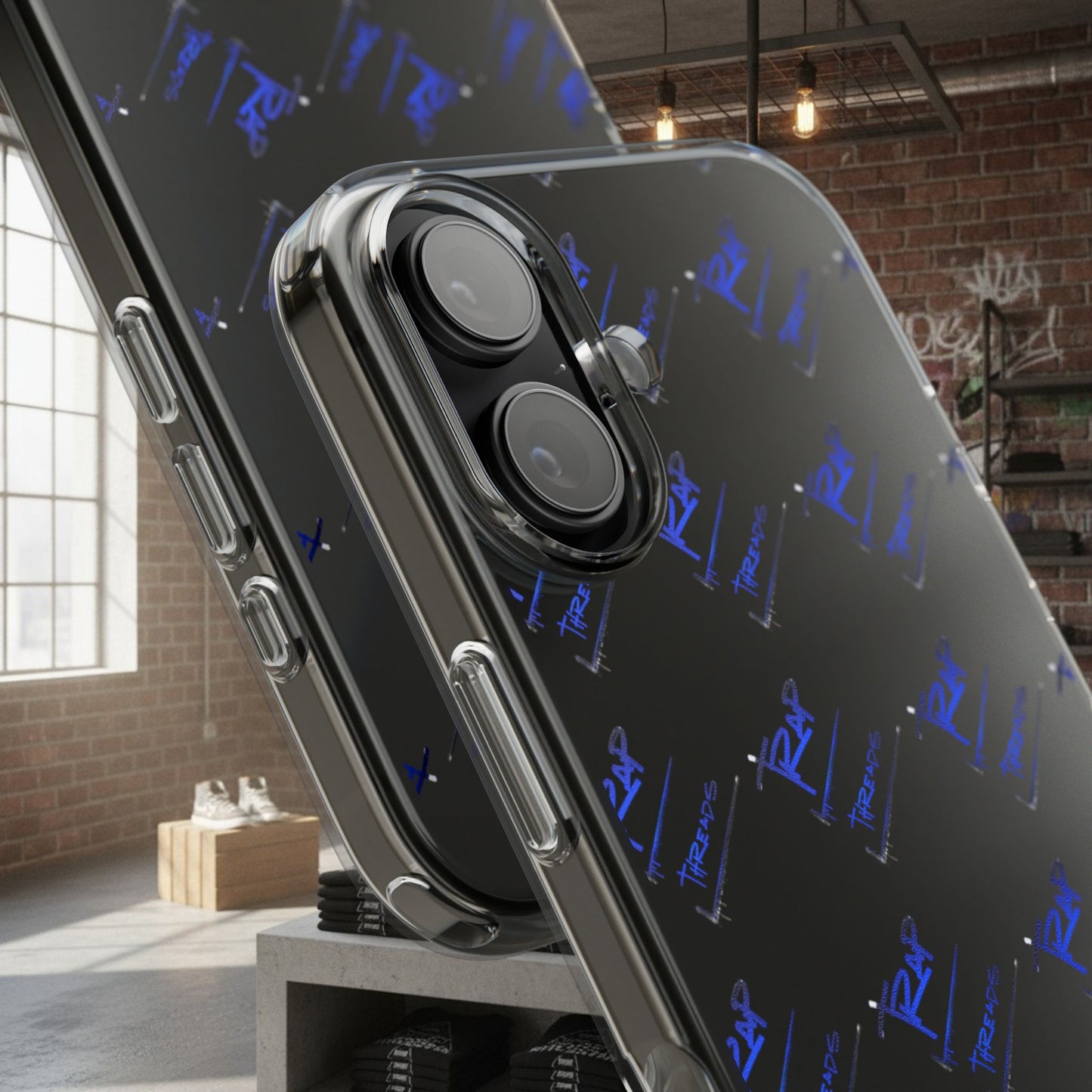 Clear Impact-Resistant Phone Case — Blue Geometric Shield Pattern