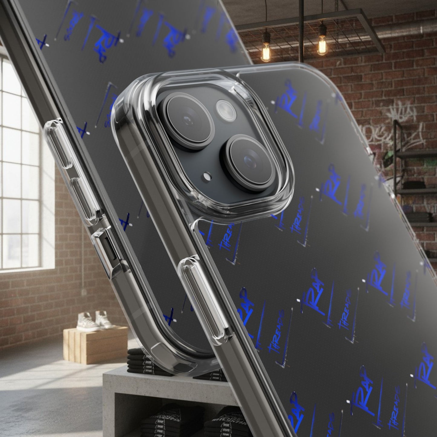 Clear Impact-Resistant Phone Case — Blue Geometric Shield Pattern