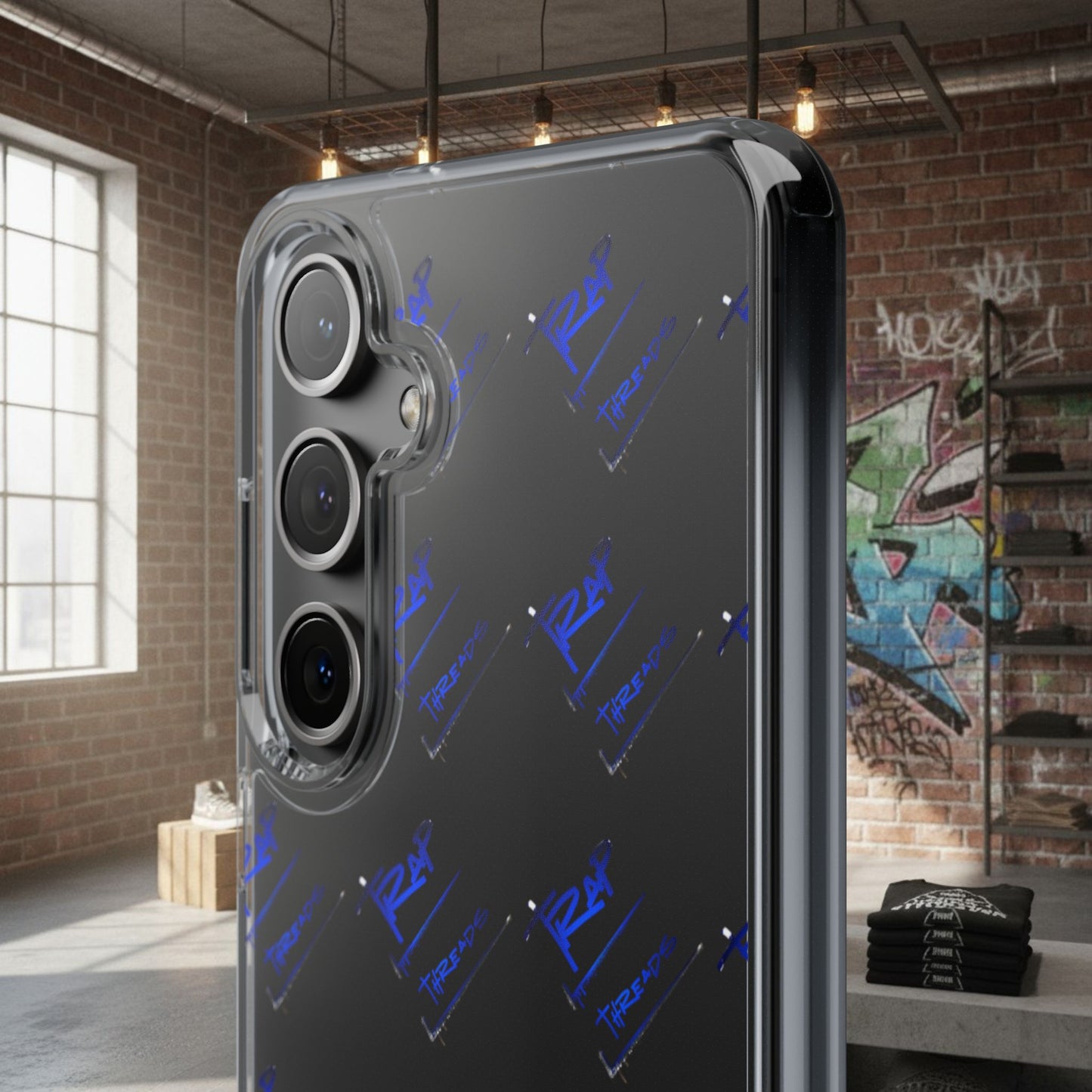 Clear Impact-Resistant Phone Case — Blue Geometric Shield Pattern