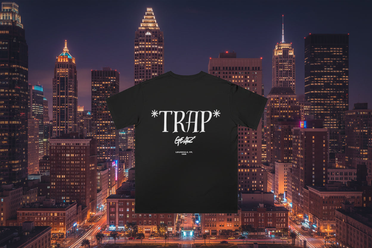 Black t-shirt with 'TRAP GEAR' text on a white background