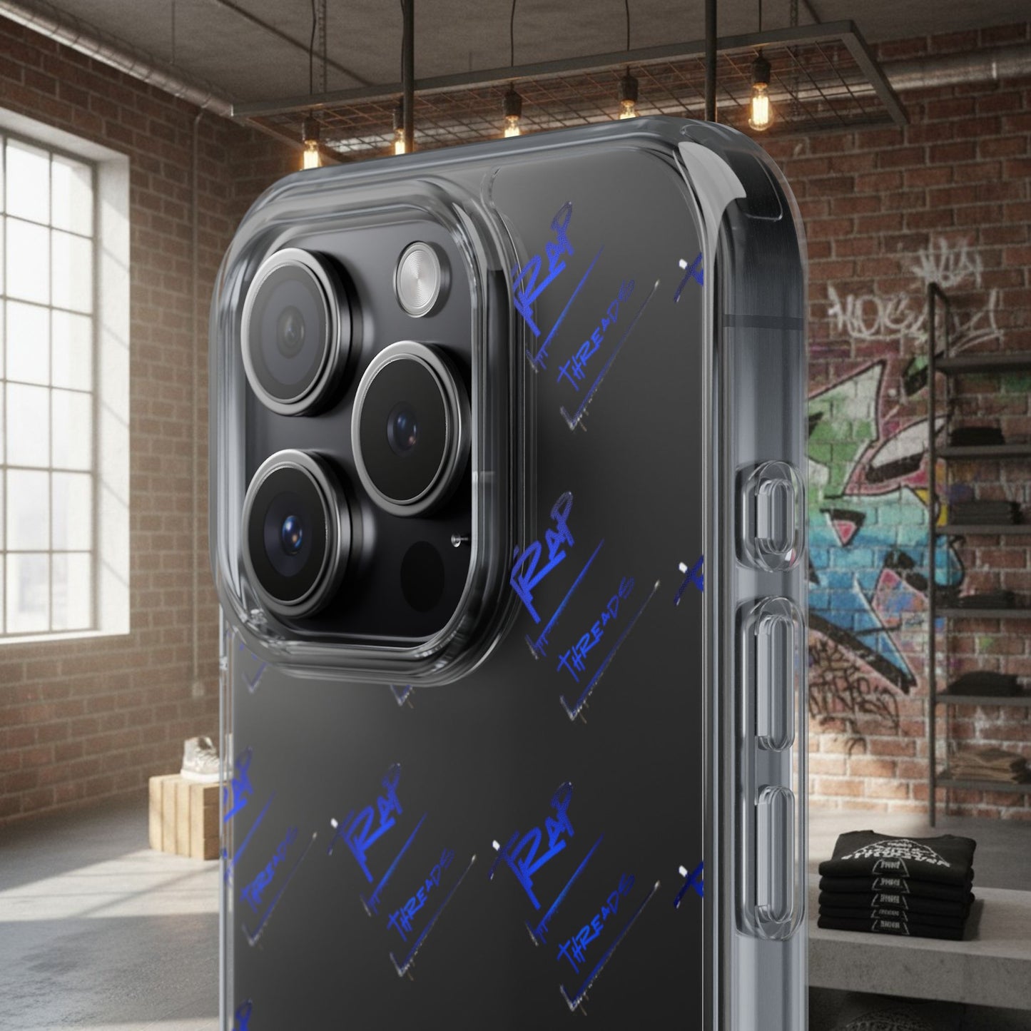 Clear Impact-Resistant Phone Case — Blue Geometric Shield Pattern