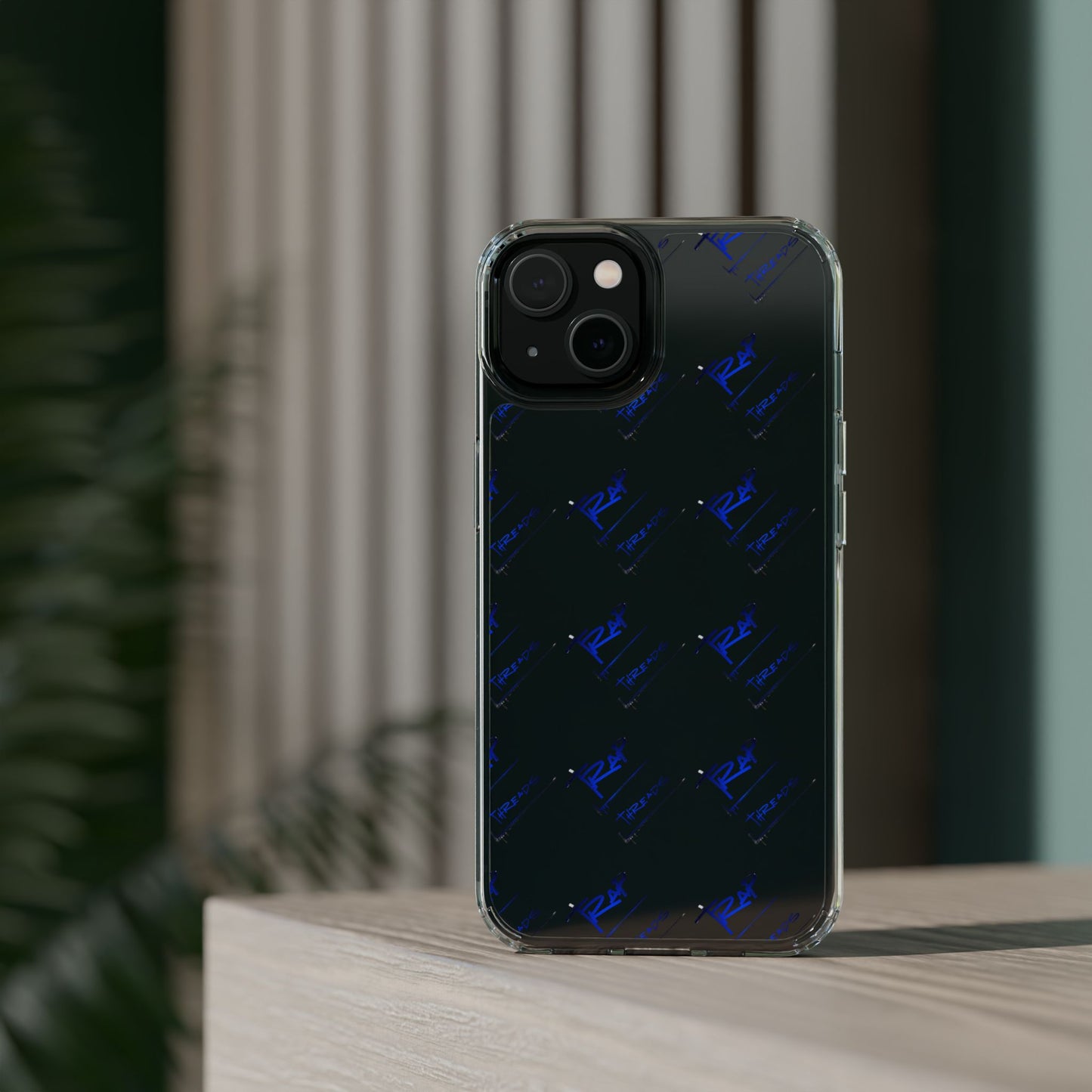 Clear Impact-Resistant Phone Case — Blue Geometric Shield Pattern