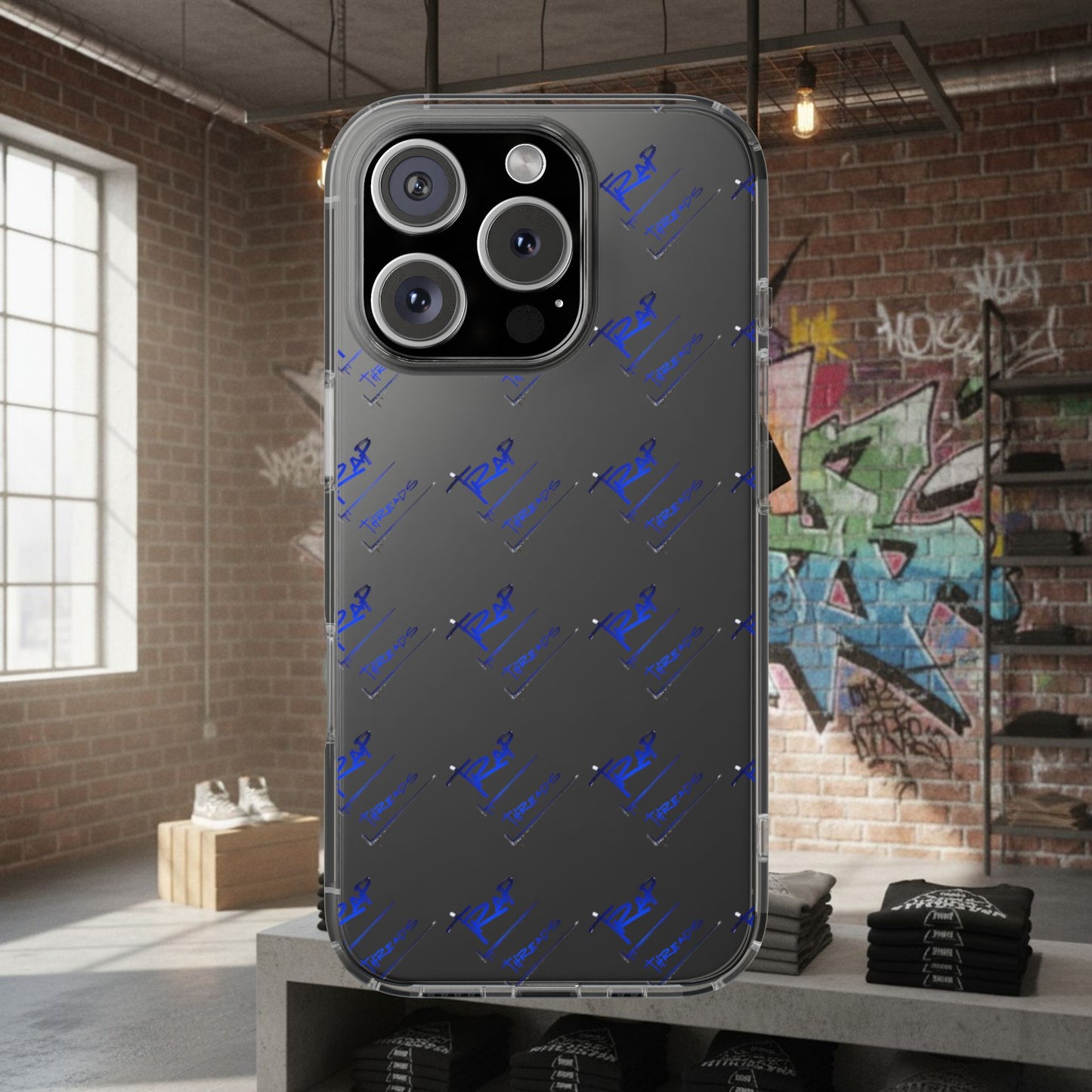 Clear Impact-Resistant Phone Case — Blue Geometric Shield Pattern