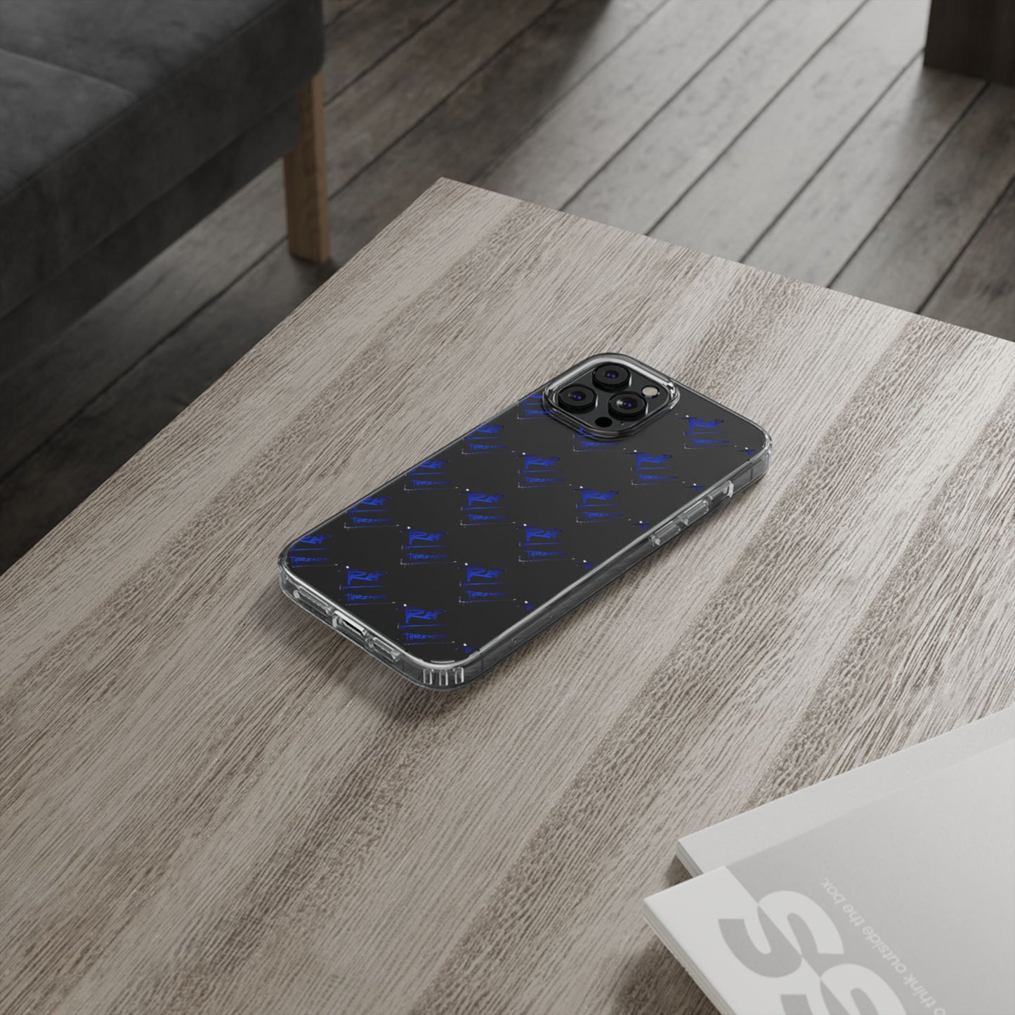 Clear Impact-Resistant Phone Case — Blue Geometric Shield Pattern