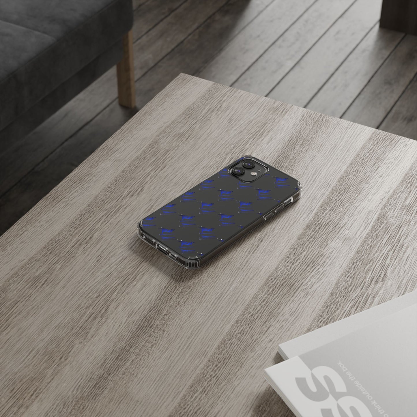 Clear Impact-Resistant Phone Case — Blue Geometric Shield Pattern