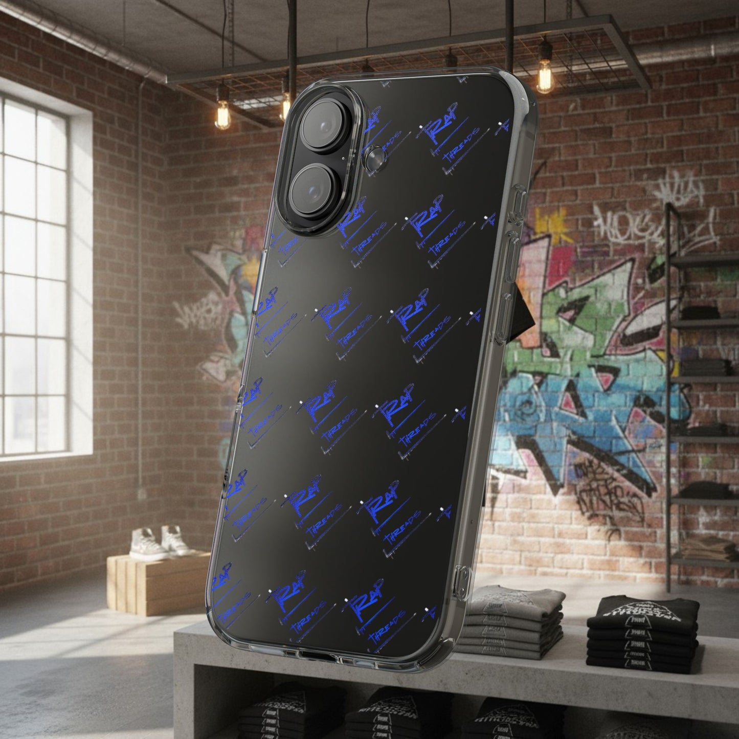 Clear Impact-Resistant Phone Case — Blue Geometric Shield Pattern